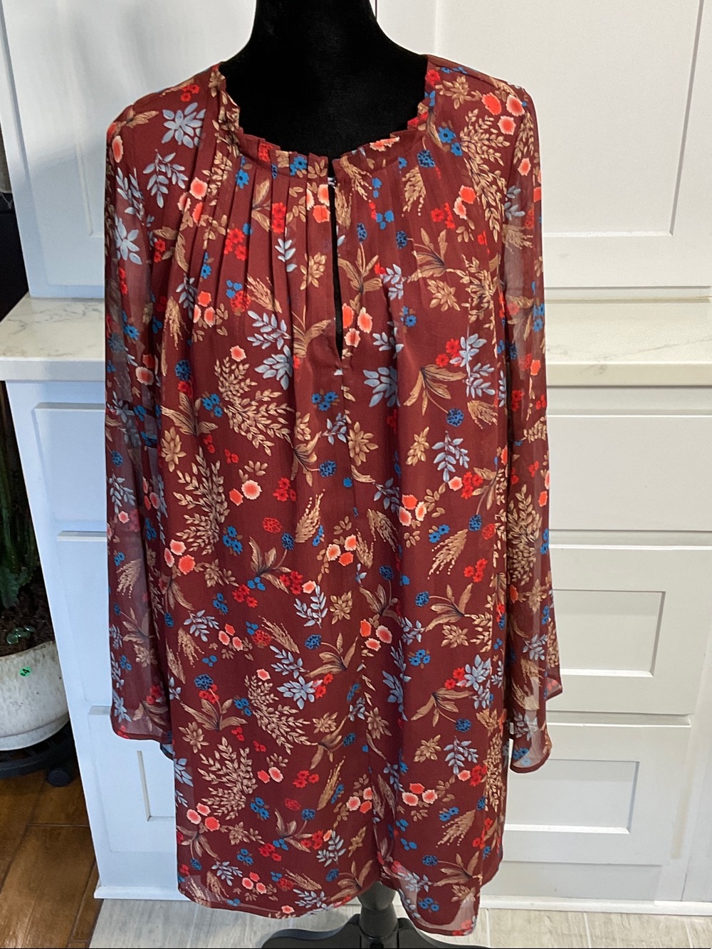 Everly Burgundy Floral Print Dress with Red and Blue Blooms